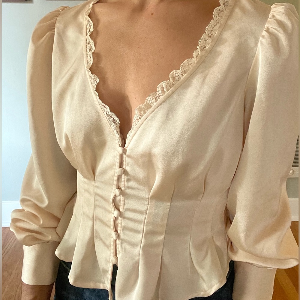 Shirred Lace Trim Top in Cream